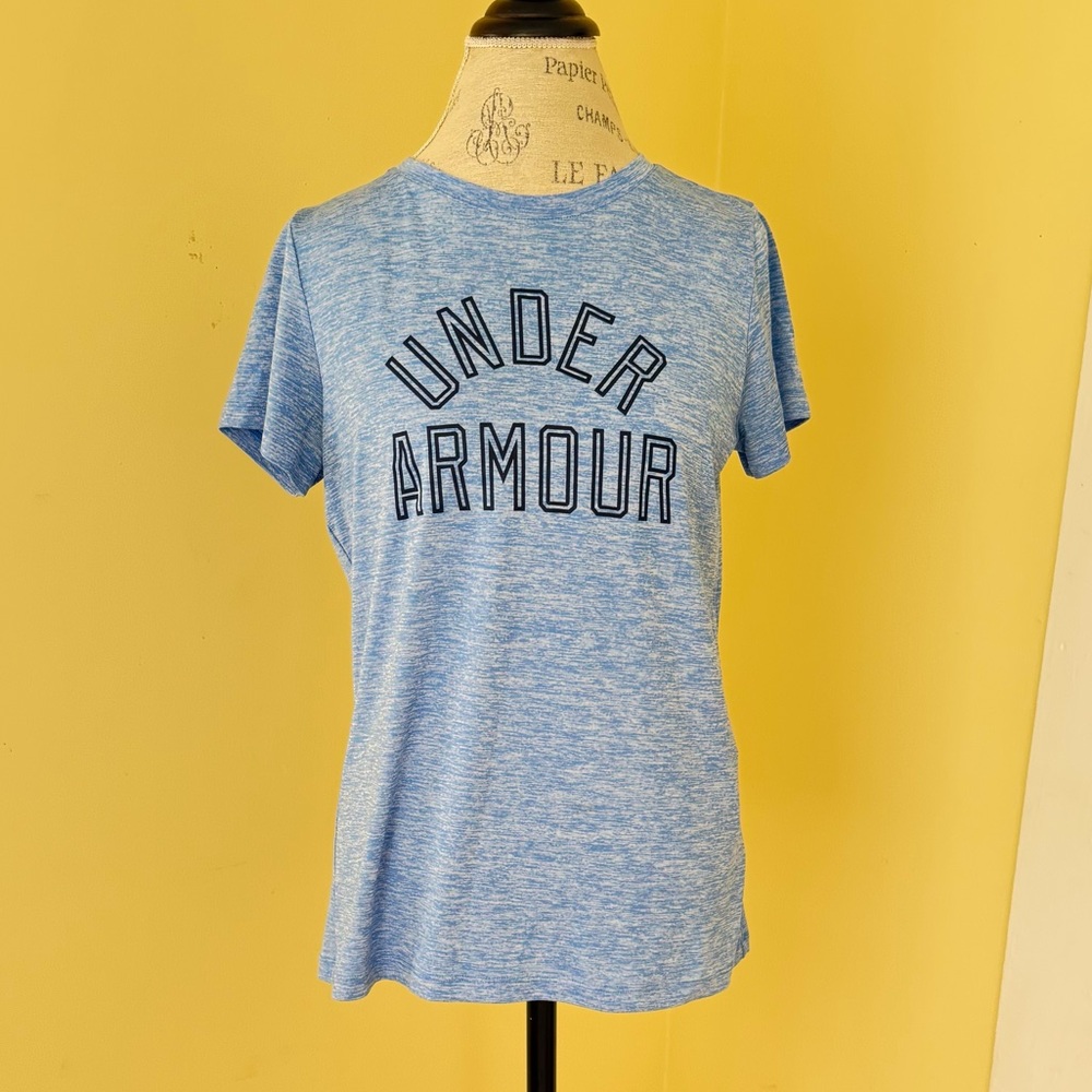 Under Armour Heather Blue Loose Fit Tee with Black Lettering. Heat Gear